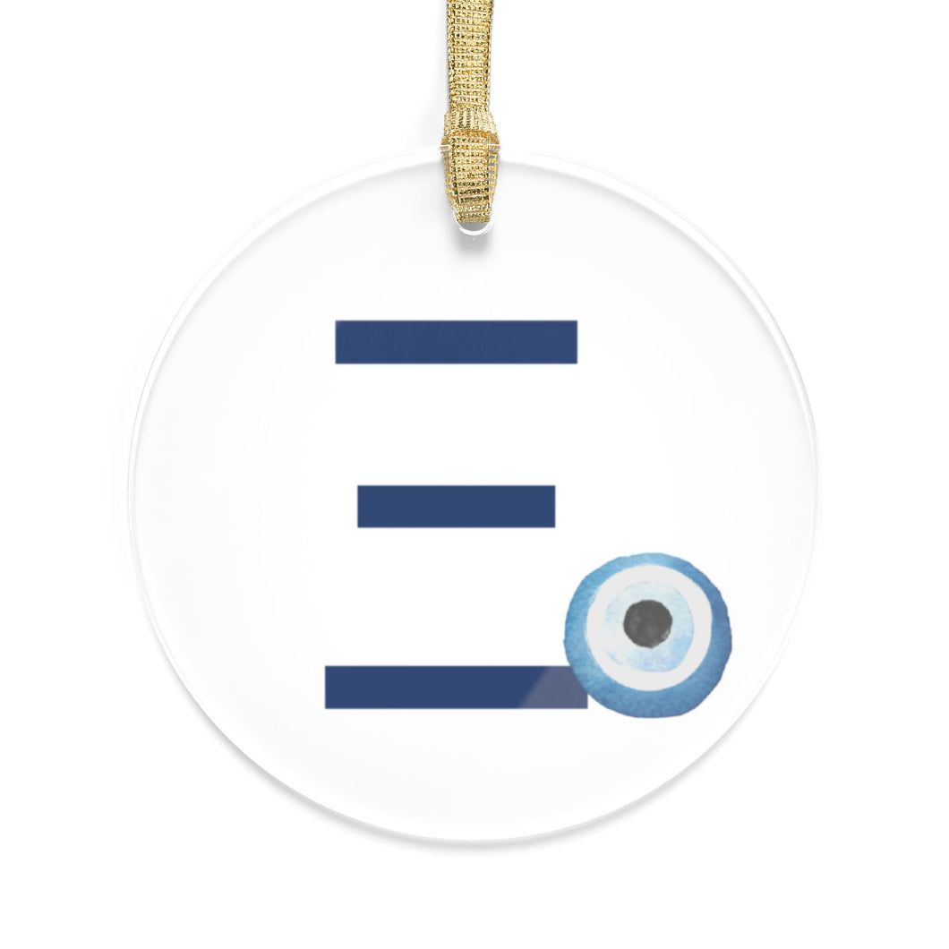 Greek Monogram Acrylic Ornament: Ξ-Xi Blue Letter with Watercolor Mati Design