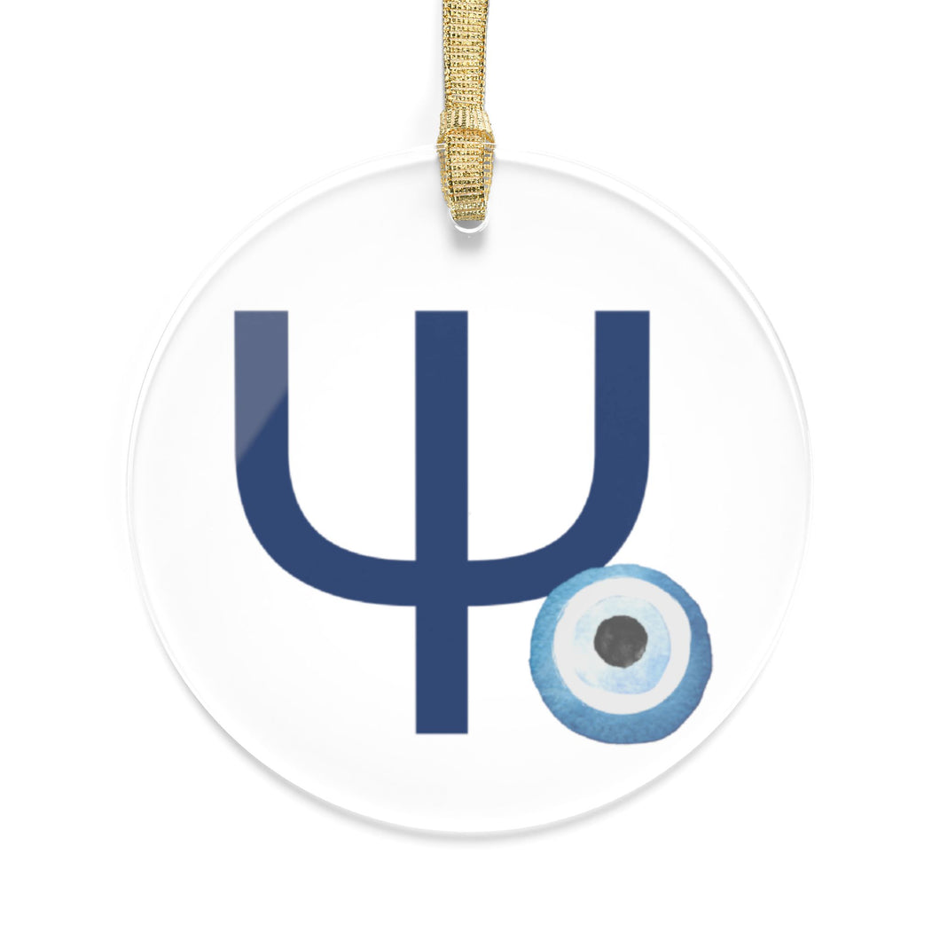 Greek Monogram Acrylic Ornament: Ψ-Psi Blue Letter with Watercolor Mati Design