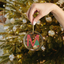Load image into Gallery viewer, Greek Monogram Glass Ornament: M-Mu Red Letter With Green Christmas Tree Design
