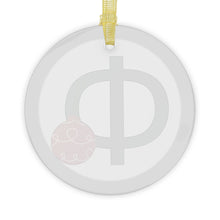 Load image into Gallery viewer, Greek Monogram Glass Ornament: Φ-Phi Green Letter With Red Ornament Design
