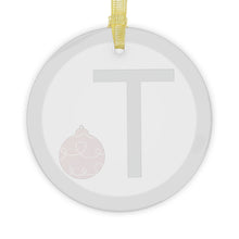Load image into Gallery viewer, Greek Monogram Glass Ornament: T-Tau Green Letter With Red Ornament Design
