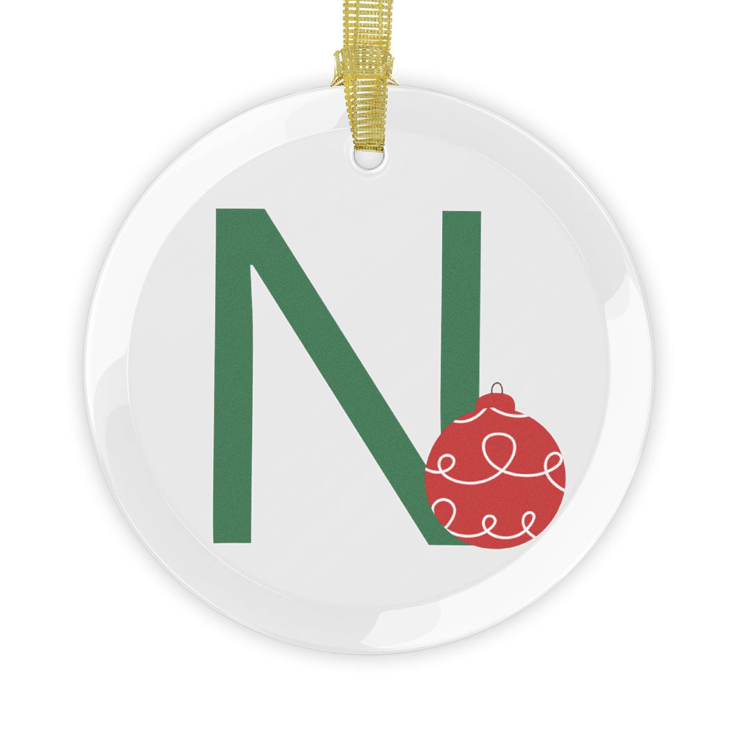 Greek Monogram Glass Ornament: Ν-Nu Green Letter With Red Ornament Design