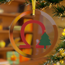 Load image into Gallery viewer, Greek Monogram Glass Ornament: Ω-Omega Red Letter With Green Christmas Tree Design
