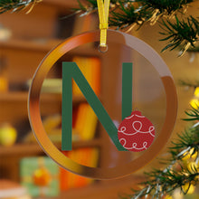 Load image into Gallery viewer, Greek Monogram Glass Ornament: Ν-Nu Green Letter With Red Ornament Design
