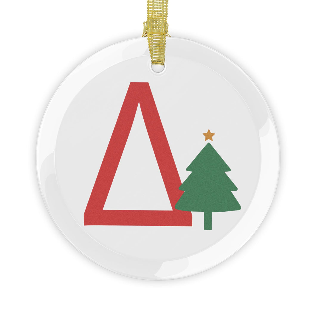 Greek Monogram Glass Ornament: Δ-Delta Red Letter With Green Christmas Tree Design