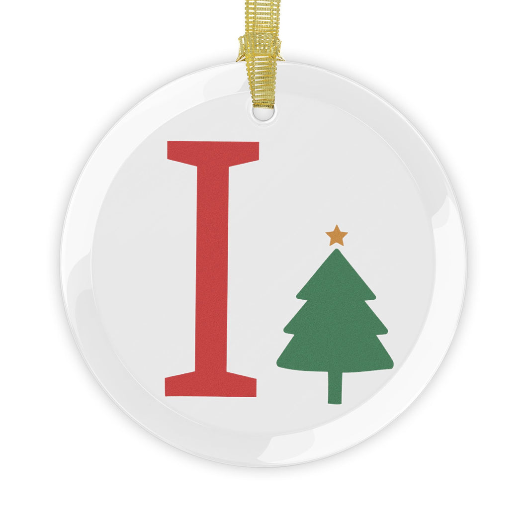 Greek Monogram Glass Ornament: I-Iota Red Letter With Green Christmas Tree Design