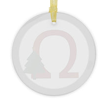 Load image into Gallery viewer, Greek Monogram Glass Ornament: Ω-Omega Red Letter With Green Christmas Tree Design
