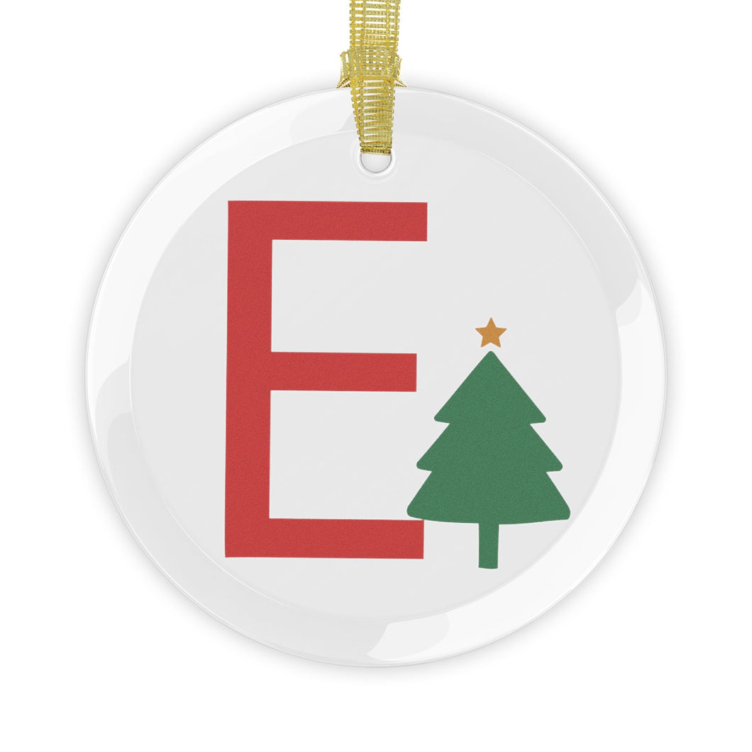 Greek Monogram Glass Ornament: Ε-Epsilon Red Letter With Green Christmas Tree Design