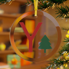 Load image into Gallery viewer, Greek Monogram Glass Ornament: Υ-Upsilon Red Letter With Green Christmas Tree Design
