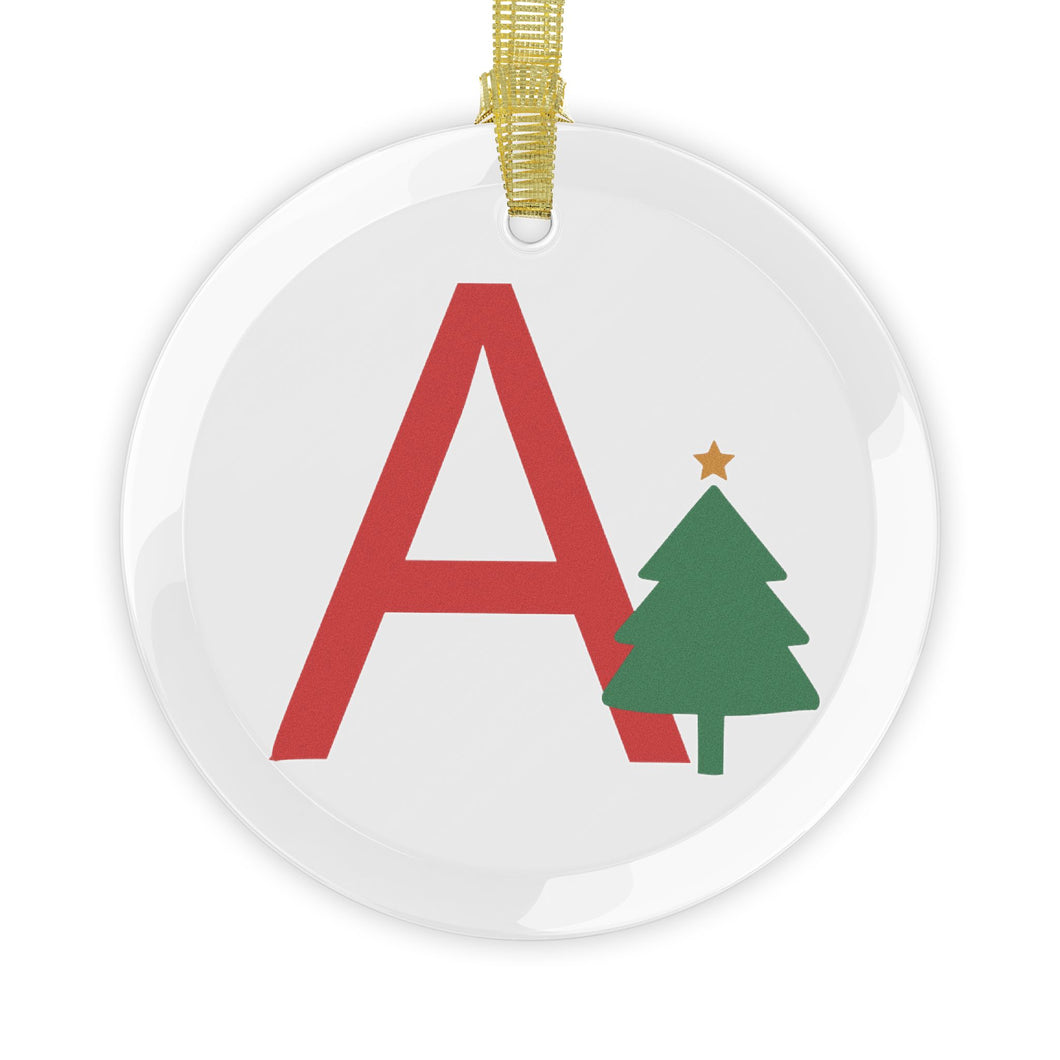 Greek Monogram Glass Ornament: A-ALPHA Red Letter With Green Christmas Tree Design