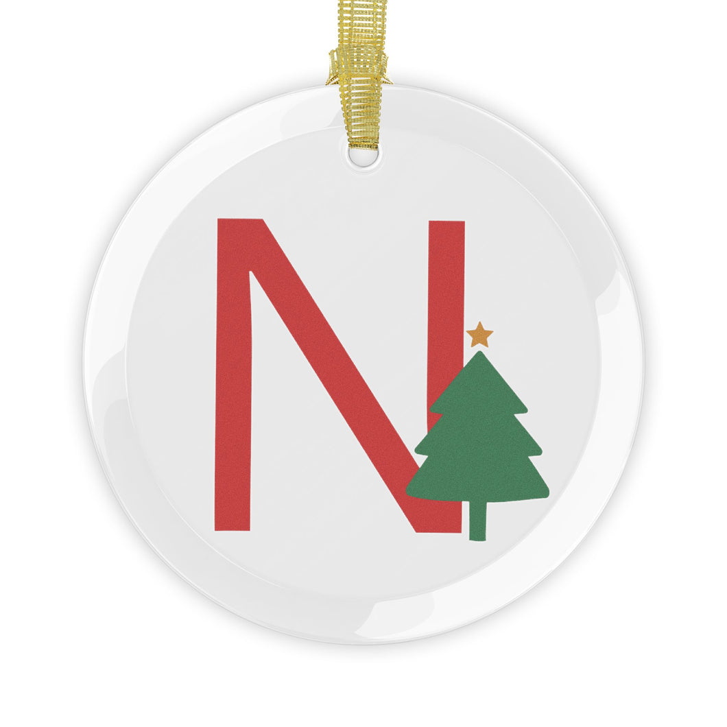 Greek Monogram Glass Ornament: N-Nu Red Letter With Green Christmas Tree Design