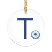 Load image into Gallery viewer, Greek Monogram Acrylic Ornament: T-Tau Blue Letter with Watercolor Mati Design
