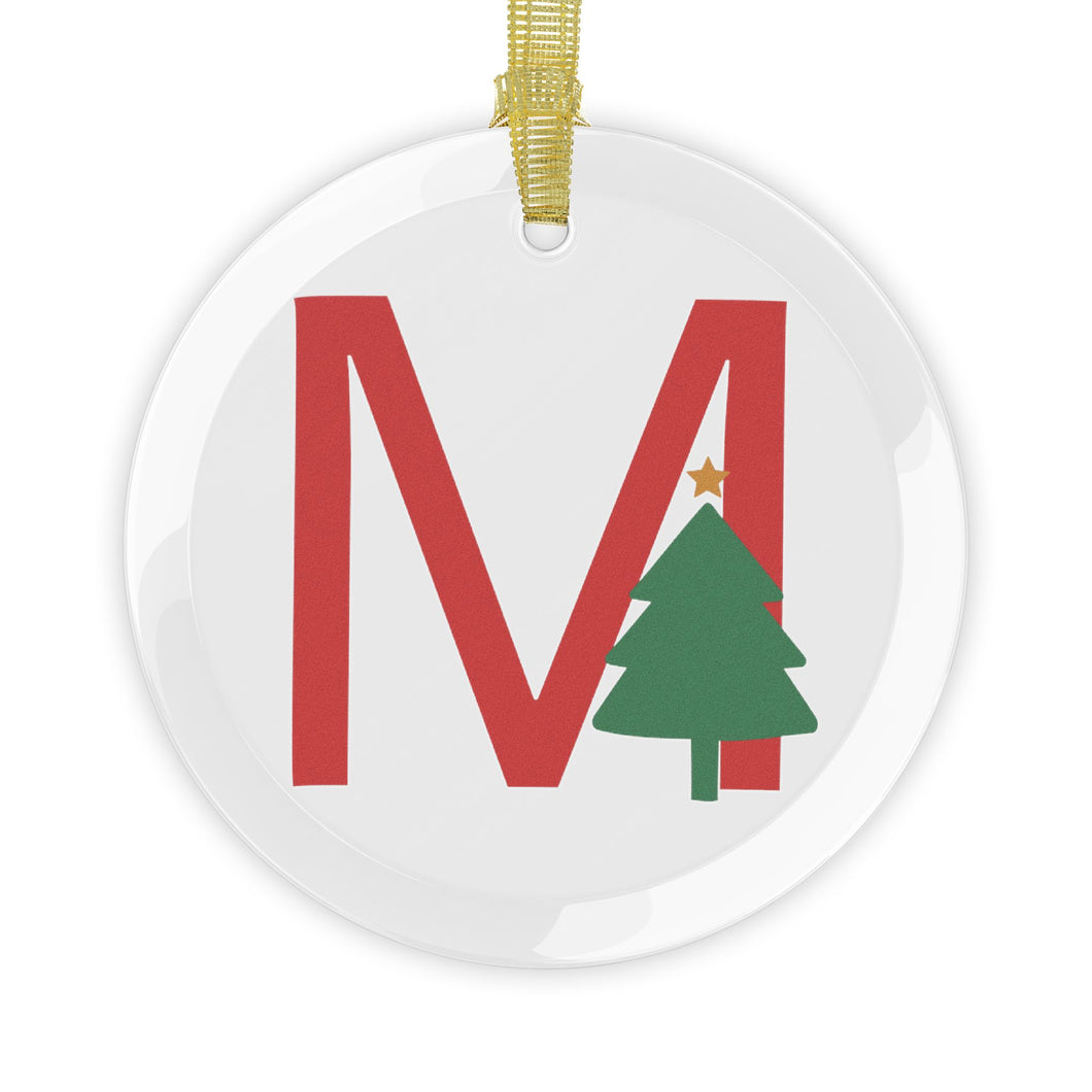 Greek Monogram Glass Ornament: M-Mu Red Letter With Green Christmas Tree Design