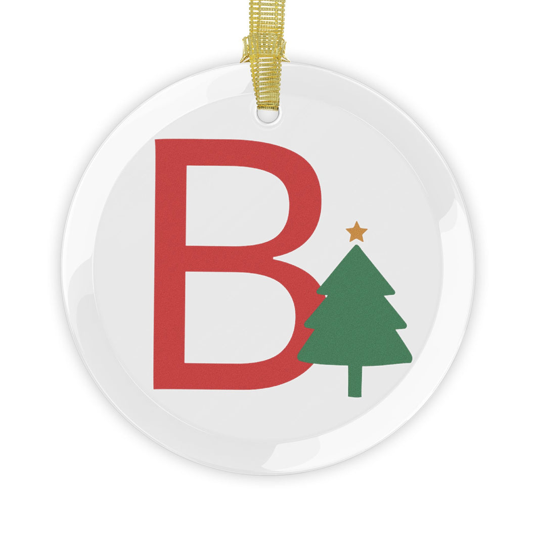 Greek Monogram Glass Ornament: B-Beta Red Letter With Green Christmas Tree Design