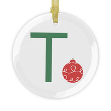Load image into Gallery viewer, Greek Monogram Glass Ornament: T-Tau Green Letter With Red Ornament Design
