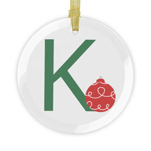 Load image into Gallery viewer, Greek Monogram Glass Ornament: K-Kappa Green Letter With Red Ornament Design
