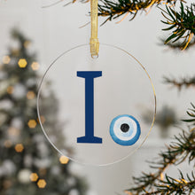 Load image into Gallery viewer, Greek Monogram Acrylic Ornament: I-Iota Blue Letter with Watercolor Mati Design
