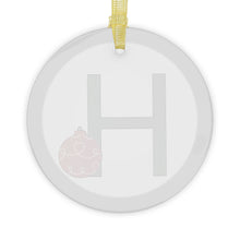 Load image into Gallery viewer, Greek Monogram Glass Ornament: H-Eta Green Letter With Red Ornament Design
