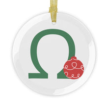 Load image into Gallery viewer, Greek Monogram Glass Ornament: Ω-Omega Green Letter With Red Ornament Design
