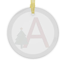 Load image into Gallery viewer, Greek Monogram Glass Ornament: A-ALPHA Red Letter With Green Christmas Tree Design
