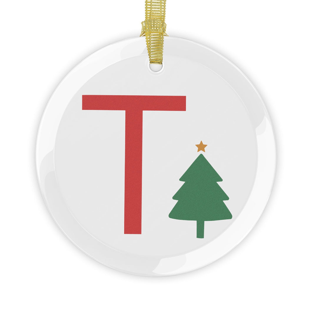 Greek Monogram Glass Ornament: T-Tau Red Letter With Green Christmas Tree Design