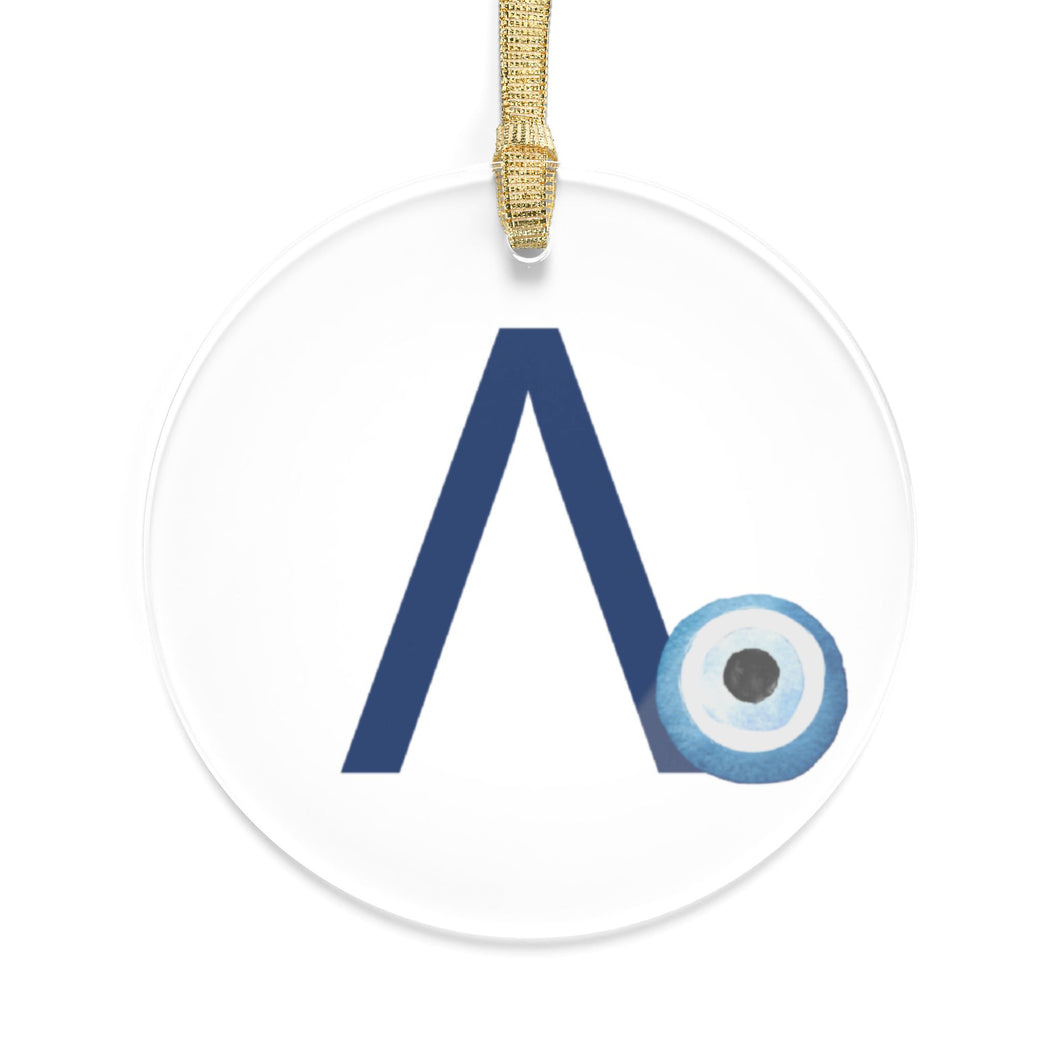 Greek Monogram Acrylic Ornament: Λ-Lambda Blue Letter with Watercolor Mati Design