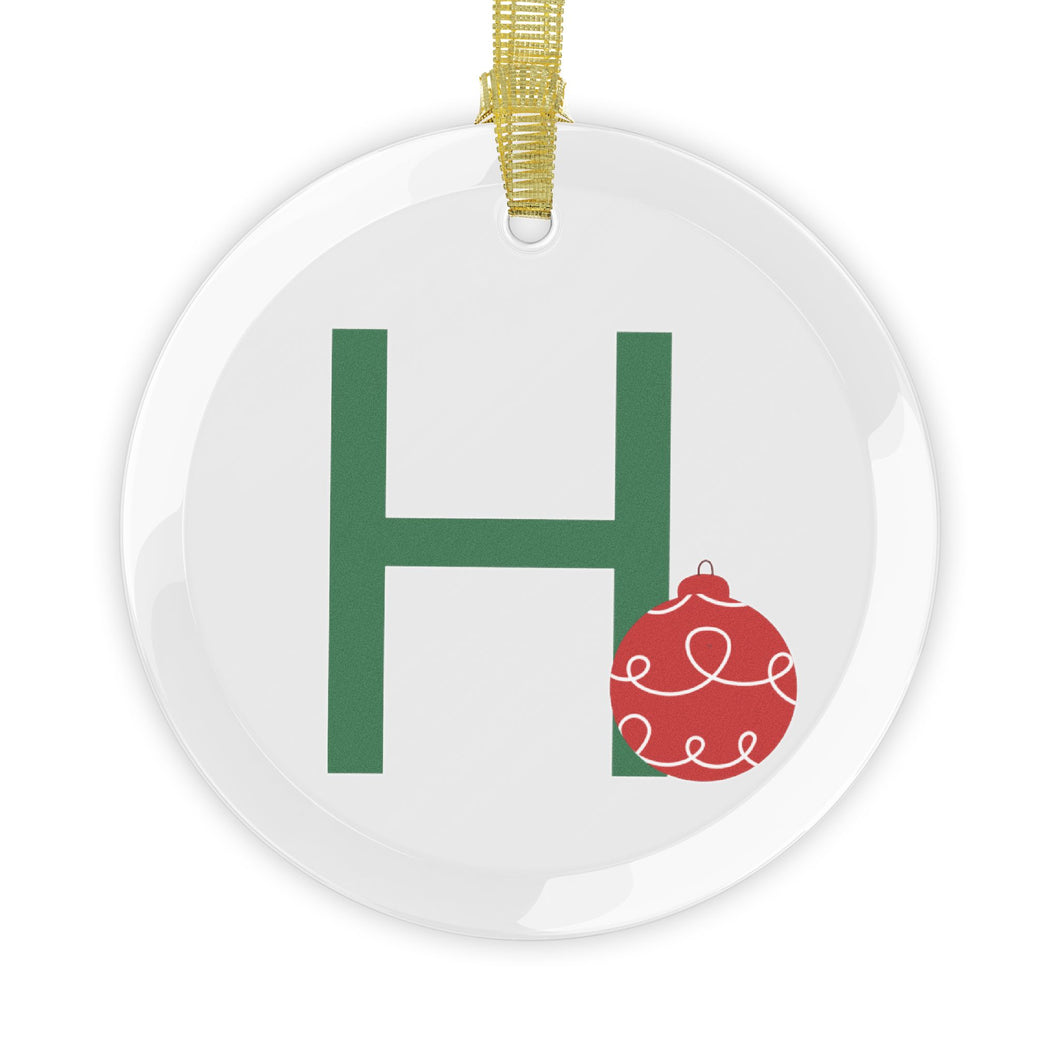 Greek Monogram Glass Ornament: H-Eta Green Letter With Red Ornament Design