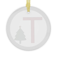 Load image into Gallery viewer, Greek Monogram Glass Ornament: T-Tau Red Letter With Green Christmas Tree Design
