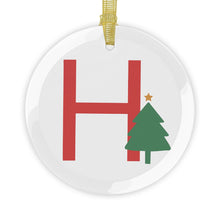 Load image into Gallery viewer, Greek Monogram Glass Ornament: H-Eta Red Letter With Green Christmas Tree Design
