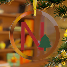 Load image into Gallery viewer, Greek Monogram Glass Ornament: N-Nu Red Letter With Green Christmas Tree Design
