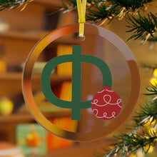Load image into Gallery viewer, Greek Monogram Glass Ornament: Φ-Phi Green Letter With Red Ornament Design
