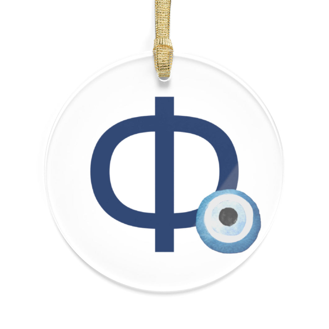 Greek Monogram Acrylic Ornament: Φ-Phi Blue Letter with Watercolor Mati Design