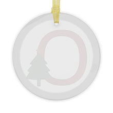 Load image into Gallery viewer, Greek Monogram Glass Ornament: O-Omicron Red Letter With Green Christmas Tree Design
