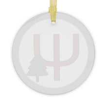 Load image into Gallery viewer, Greek Monogram Glass Ornament: Ψ-Psi Red Letter With Green Christmas Tree Design
