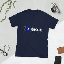 Load image into Gallery viewer, Short-Sleeve Unisex T-Shirt: I (love) Greece Mati Heart-White
