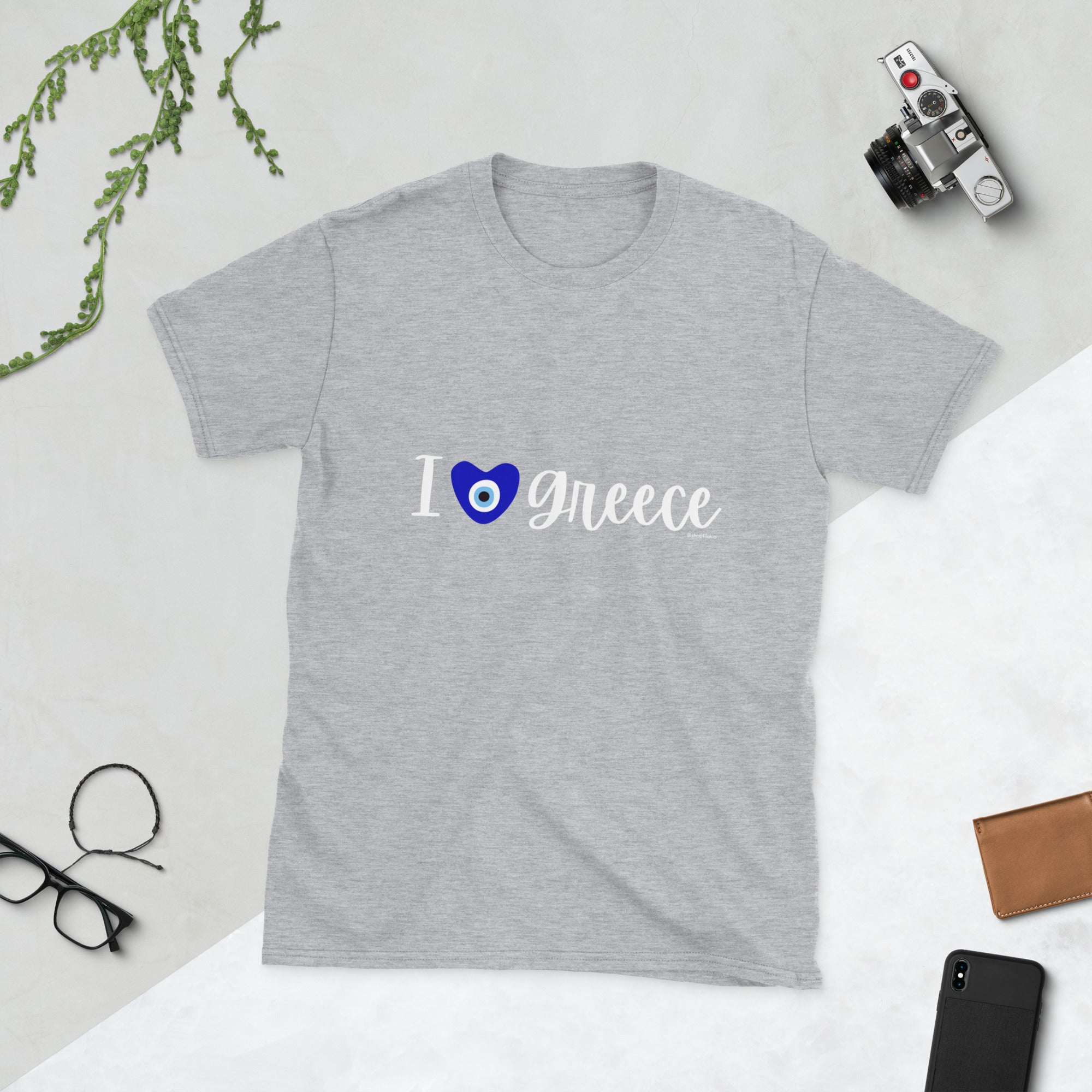 Short Sleeve Unisex T Shirt I love Greece Mati Heart White
