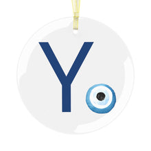 Load image into Gallery viewer, Greek Monogram Glass Ornament: Υ-Upsilon Blue Letter With Mati Design
