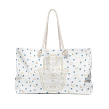 Load image into Gallery viewer, Weekender Tote Bag: Gold Hamsa with Watercolor Mati
