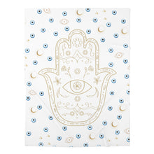 Load image into Gallery viewer, Baby Swaddle Blanket: Watercolor Mati with Gold Hamsa
