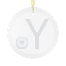 Load image into Gallery viewer, Greek Monogram Glass Ornament: Υ-Upsilon Blue Letter With Mati Design
