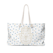 Load image into Gallery viewer, Weekender Tote Bag: Gold Hamsa with Watercolor Mati
