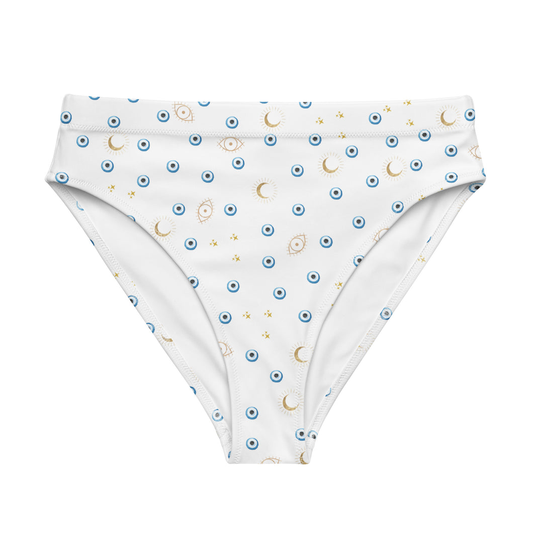High-Waisted Bikini Bottom: Mini Watercolor Mati with Gold Eye and Gold Moon Pattern