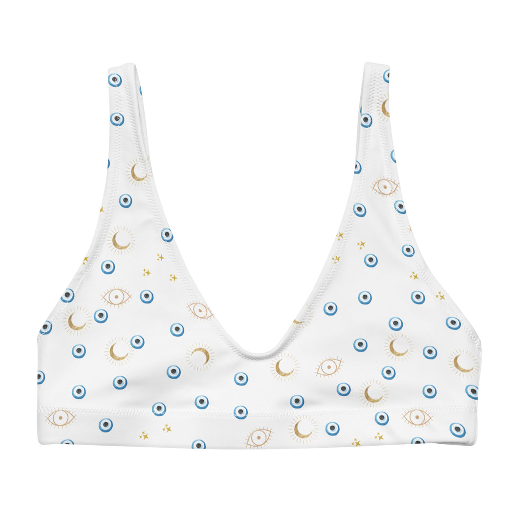 Padded Bikini Top: Mini Watercolor Mati with Gold Eye and Gold Moon Pattern