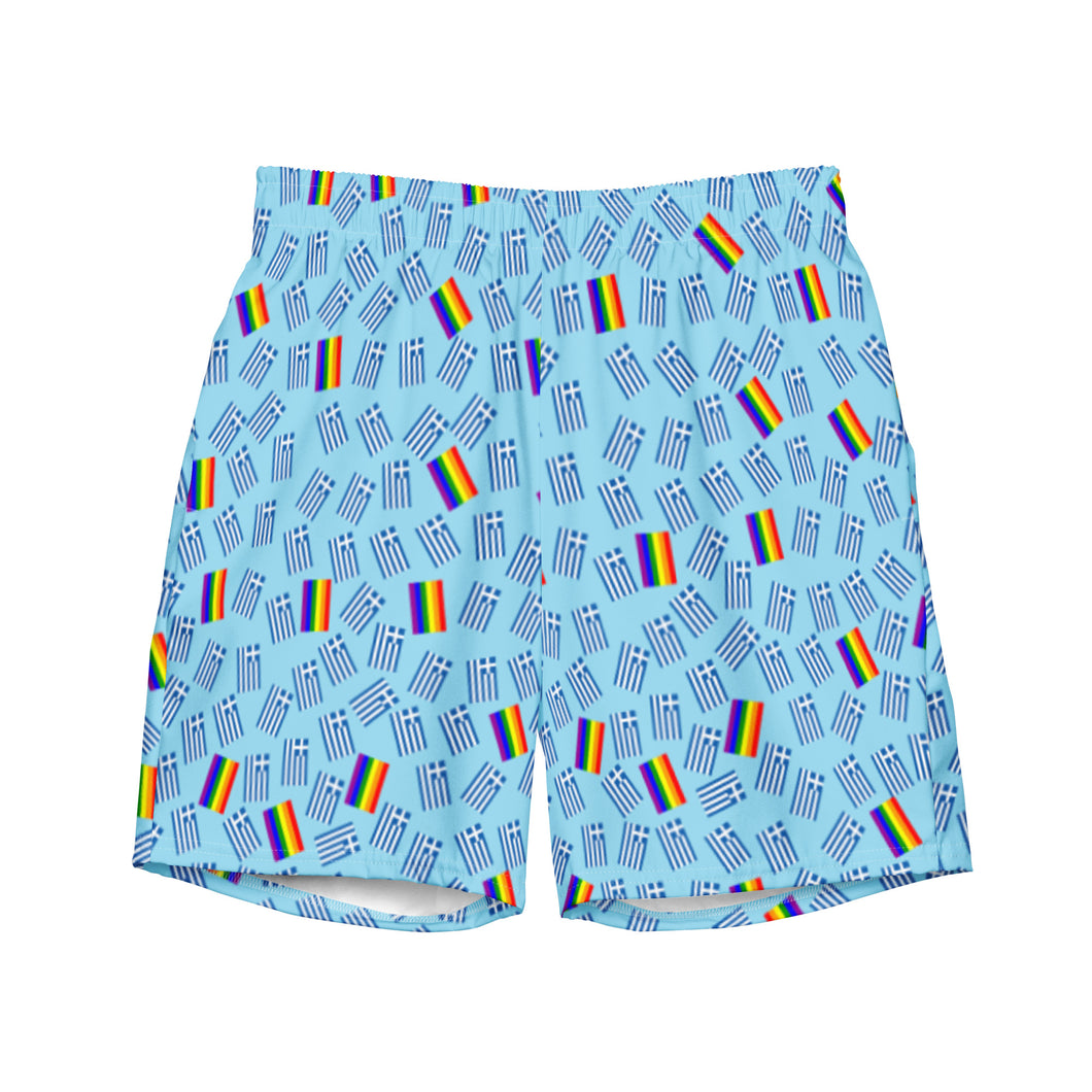 Swim Trunks: Greek Flag + PRIDE-Blue