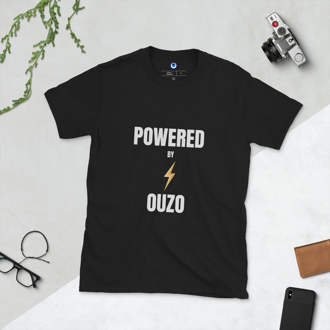 Short-Sleeve Unisex T-Shirt: Powered by Ouzo-White