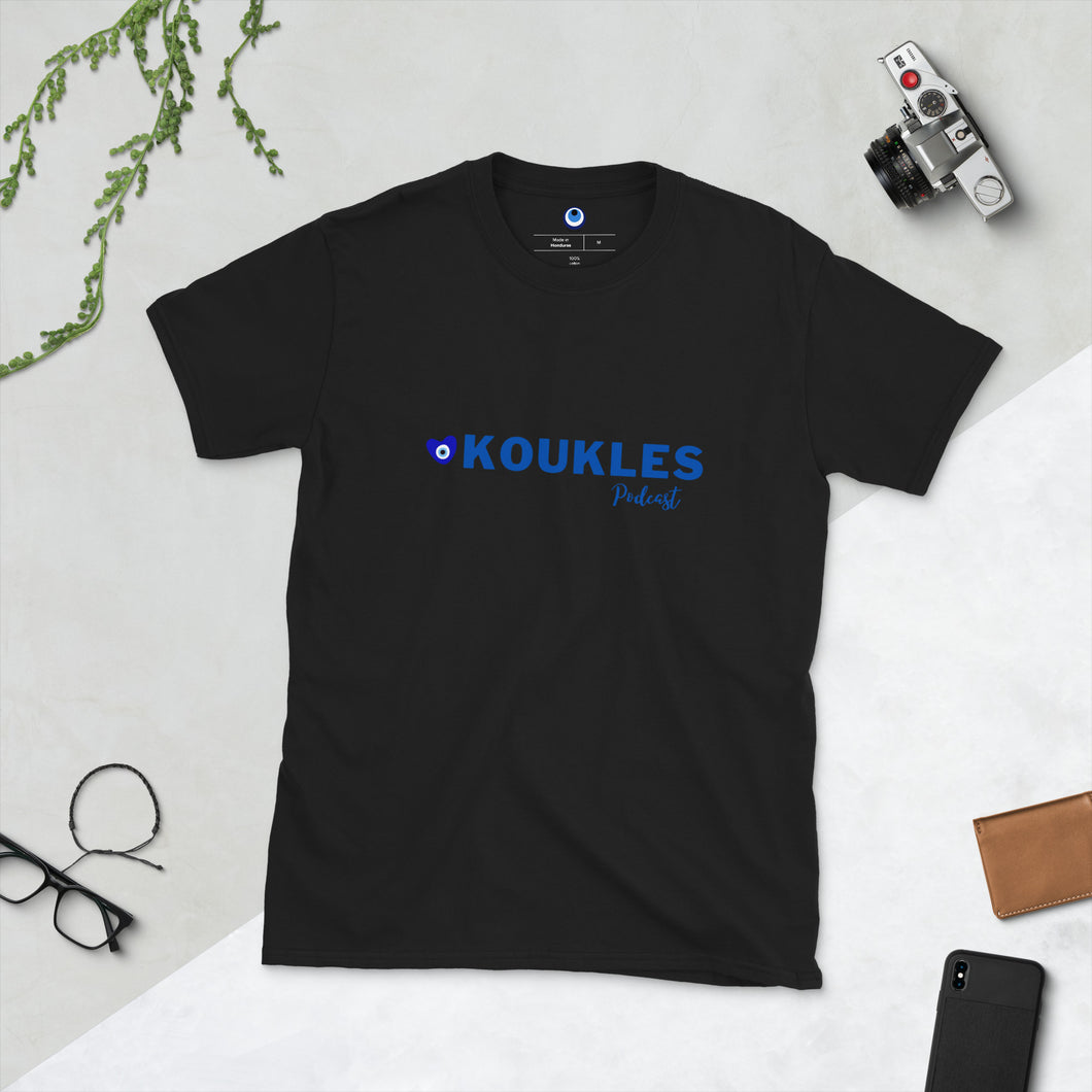 Short-Sleeve Unisex T-Shirt: Koukles Podcast Logo with Filakia on Back