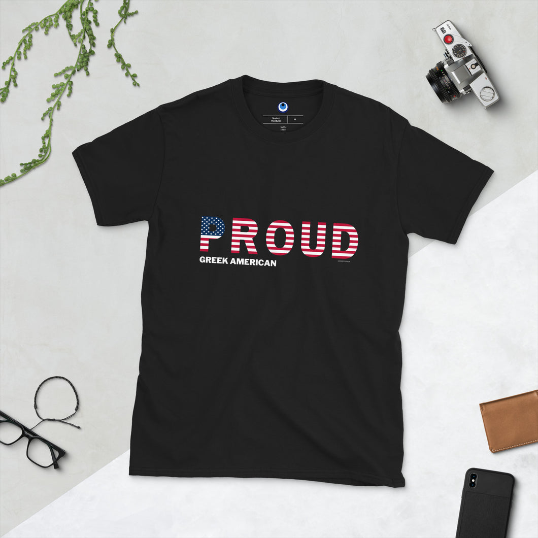 Short-Sleeve Unisex T-Shirt: PROUD Greek American-White