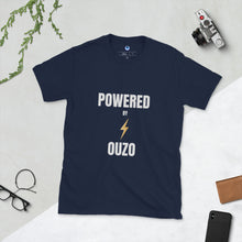 Cargar imagen en el visor de la galería, Short-Sleeve Unisex T-Shirt: Powered by Ouzo-White
